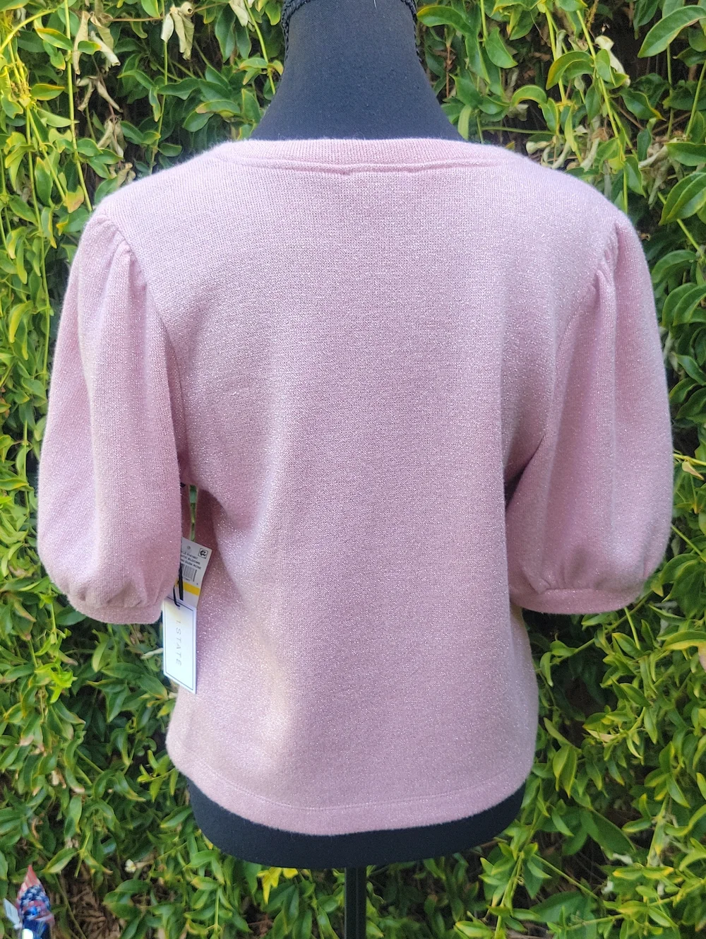 1. State Pink Puff Short Sleeve Sweater Top With Silver Metallic Weave M